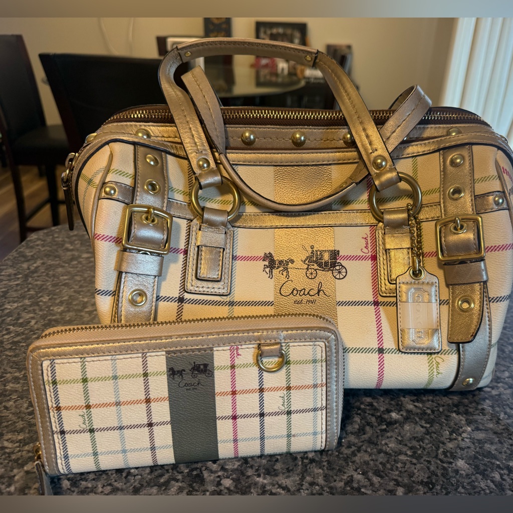 Coach Plaid Satchel And Matching Wallet In Cream And Gold